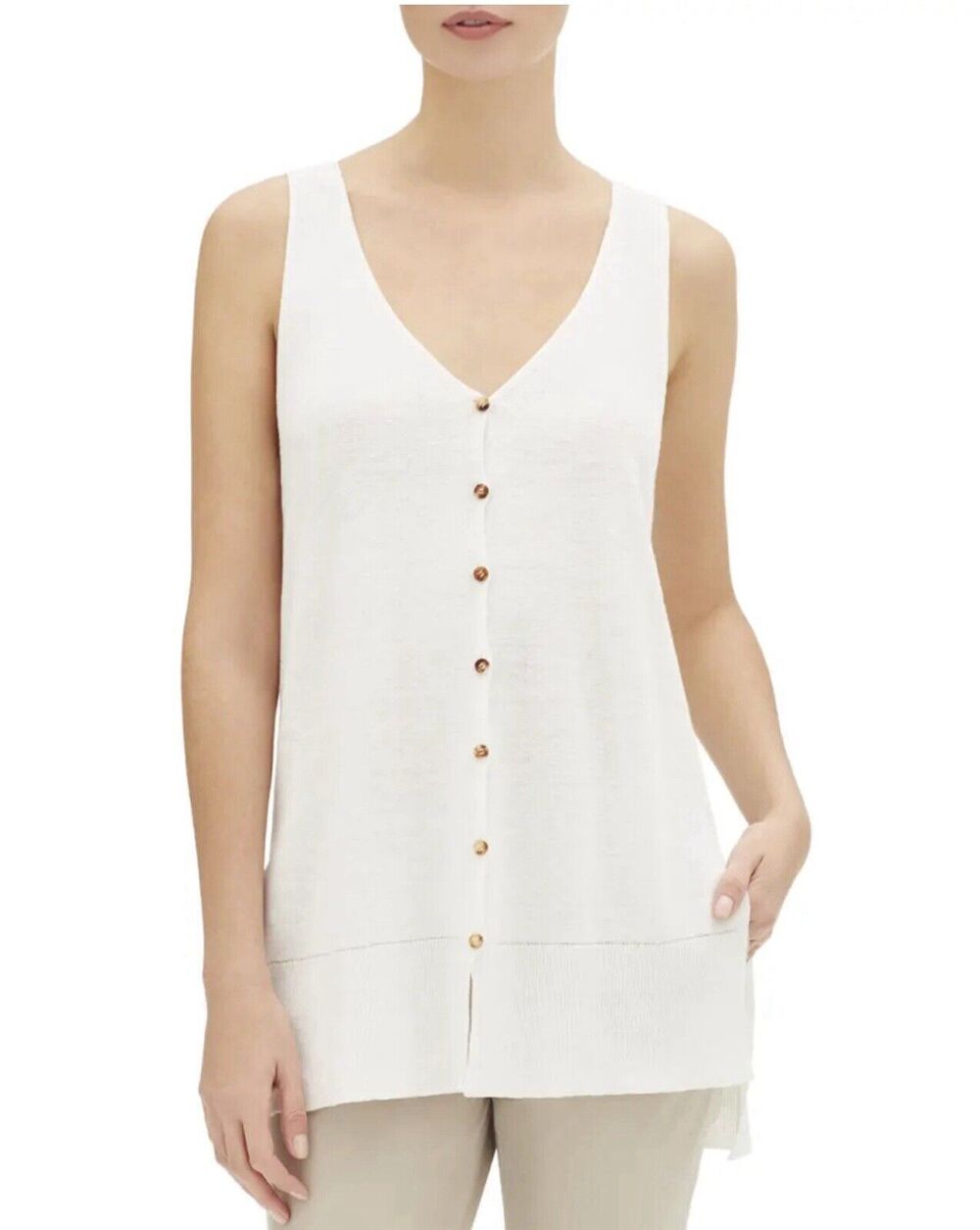 NEW LAFAYETTE 148 Button Down Relaxed Linen Sweater Vest Top Size S Cloud Ivory